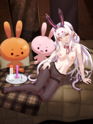 Rule 34 | 1girl, :d, animal ears, arm support, azur lane, black hairband, blush, breasts, butt plug, detached collar, dildo, fishnet pantyhose, fishnets, full body, garter straps, groin, hairband, hakamaboooots, hand on own hip, hand on own thigh, head tilt, highres, indoors, legs folded, long hair, looking at viewer, lying, midriff, navel, nipples, no panties, on bed, on side, open mouth, pantyhose, rabbit ears, rabbit girl, see-through, sex toy, shimakaze (azur lane), sitting, small breasts, smile, solo, stuffed animal, stuffed rabbit, stuffed toy, topless, tray, very long hair, white hair, wrist cuffs, yellow eyes