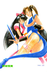 Rule 34 | 1990s (style), 2girls, ainu clothes, artist name, ass, ass grab, black hair, breasts, brown eyes, brown hair, cleavage, crossover, fatal fury, fingerless gloves, gloves, hair ribbon, highres, large breasts, leotard, long hair, looking at viewer, multiple girls, nakoruru, parted lips, puckered lips, purple eyes, retro artstyle, ribbon, samurai spirits, small breasts, smile, snk, the king of fighters, thong leotard, traditional media
