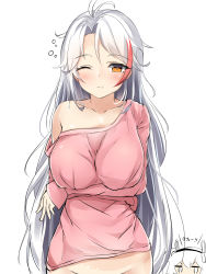Rule 34 | 2girls, absurdres, animal ears, antenna hair, arms under breasts, azur lane, bare shoulders, blush, breast hold, breasts, brown eyes, chibi, chibi inset, closed mouth, collarbone, groin, hair between eyes, hairband, highres, laffey (azur lane), large breasts, long hair, long sleeves, looking at viewer, moyoron, multicolored hair, multiple girls, off shoulder, one eye closed, out-of-frame censoring, parted bangs, pink shirt, prinz eugen (azur lane), rabbit ears, shirt, sidelocks, silver hair, simple background, sleepy, sleeves past wrists, solo focus, streaked hair, white background