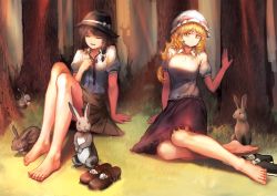 Rule 34 | 2girls, animal, bad id, bad pixiv id, barefoot, black necktie, blonde hair, bow, breasts, brown hair, brown skirt, closed eyes, closed mouth, collared shirt, deer, feet, forest, frilled shirt, frilled skirt, frills, full body, grass, hand on own chest, hat, hat bow, highres, hot, knees up, legs, light rays, long hair, long legs, looking at viewer, loose necktie, maribel hearn, mary janes, mo ne, mob cap, multiple girls, nature, necktie, open collar, open mouth, outdoors, pleated skirt, puffy short sleeves, puffy sleeves, purple skirt, rabbit, shirt, shoes, short hair, short sleeves, sitting, skirt, sunlight, sweat, thighs, toes, touhou, tree, unbuttoned, unbuttoned shirt, unworn shoes, unworn socks, usami renko, white hat, white shirt, wing collar, yellow eyes, yokozuwari