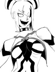 Rule 34 | 1girl, breasts, collar, greyscale, hair over one eye, han juri, highres, looking up, mark easel, medium breasts, midriff, monochrome, one eye covered, short hair, smile, spiked collar, spikes, street fighter, street fighter 6, upper body