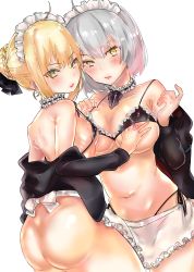 Rule 34 | 2girls, absurdres, ahoge, apron, artoria pendragon (alter swimsuit rider) (fate), artoria pendragon (alter swimsuit rider) (second ascension) (fate), artoria pendragon (fate), bikini, bikini top only, black bikini, black bow, black jacket, blonde hair, blush, bow, breasts, commentary request, fate/grand order, fate (series), frilled apron, frilled bikini, frilled bikini top, frills, hair ribbon, highres, hood, hoodie, jacket, jeanne d&#039;arc (fate), jeanne d&#039;arc alter (avenger) (fate), jeanne d&#039;arc alter (fate), large breasts, looking at viewer, maid, maid apron, maid bikini, maid headdress, medium breasts, mejimeji, multiple girls, navel, open clothes, open hoodie, ribbon, silver hair, swimsuit, unconventional maid, waist apron, white apron, yellow eyes