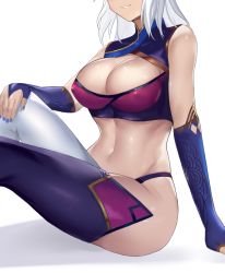 Rule 34 | 1girl, arm support, bad id, bad pixiv id, bare shoulders, blue gloves, blue nails, breasts, character request, chong (547342983), cleavage, cleavage cutout, clothing cutout, commentary request, covered erect nipples, crop top, fingerless gloves, gloves, grin, head out of frame, highres, large breasts, medium hair, midriff, nail polish, navel, sangai senki, silver hair, simple background, sitting, sleeveless, smile, solo, stomach, thighhighs, thighs, white background