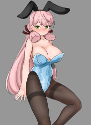 Rule 34 | 1girl, absurdres, akashi (kancolle), animal ears, black pantyhose, blue leotard, blunt tresses, breasts, cleavage, fake animal ears, feet out of frame, green eyes, grey background, hair ribbon, highres, kantai collection, large breasts, leotard, long hair, maru (marg0613), pantyhose, pink hair, playboy bunny, rabbit ears, ribbon, simple background, sitting, solo, strapless, strapless leotard, thighband pantyhose, tress ribbon