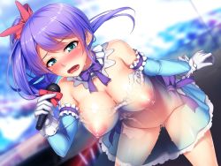 Rule 34 | 1girl, bare shoulders, blue dress, blue skirt, blush, bow, bowtie, breasts, censored, character request, chobipero, detached collar, dress, embarrassed, floating hair, full-face blush, game cg, gloves, green eyes, holding, holding microphone, large areolae, large breasts, leaning forward, legs, long hair, looking at viewer, microphone, mosaic censoring, music, nipples, no bra, no panties, open mouth, original, ponytail, purple hair, pussy, pussy juice, side ponytail, singing, skirt, solo, standing, sweat, thighs, wet, white gloves, x-ray, yuutaiu2606ridatsu!! doko demo dare demo yari houdai!!