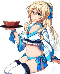 Rule 34 | 1girl, alternate costume, arm support, bow, breasts, choker, cleavage, closed mouth, collarbone, cup, frilled thighhighs, frills, goblin slayer!, green bow, green choker, green eyes, hair bow, highres, holding, holding tray, kankitukou, long sleeves, navel, priestess (goblin slayer!), signature, simple background, sitting, small breasts, smile, solo, stomach, thighhighs, tray, white background, white thighhighs