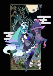 Rule 34 | 1girl, aqua hair, back cutout, bare shoulders, black thighhighs, branch, chandelure, clothing cutout, commentary, creatures (company), detached arm, detached legs, detached sleeves, dreepy, duskull, english commentary, fire, floating, full body, full moon, game freak, gen 3 pokemon, gen 4 pokemon, gen 5 pokemon, gen 8 pokemon, ghost miku (project voltage), glitch, grass, grey shirt, hair between eyes, hatsune miku, highres, lampent, leaf, litwick, long hair, looking at viewer, looking back, mismagius, moon, nintendo, outdoors, pale skin, pokemon, pokemon (creature), project voltage, see-through, see-through skirt, shirt, shuppet, signature, skirt, sleeves past fingers, sleeves past wrists, solo, thighhighs, tombstone, twintails, very long hair, vocaloid, will-o&#039;-the-wisp (mythology), yellow eyes, yotsu kado