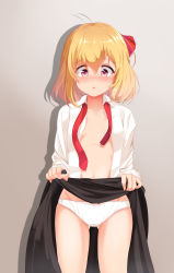 Rule 34 | 1girl, absurdres, bad id, bad pixiv id, blonde hair, blush, clothes lift, hair ribbon, highres, necktie, open clothes, open mouth, open shirt, panties, red eyes, ribbon, rumia, septet (zrca janne), shirt, short hair, skirt, skirt lift, solo, touhou, underwear, white panties