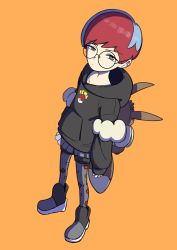 Rule 34 | 1girl, absurdres, backpack, bag, black-framed eyewear, black hoodie, blue hair, boots, brown bag, closed mouth, commentary request, creatures (company), full body, game freak, glasses, grey eyes, half-closed eyes, highres, hood, hood down, hoodie, namayatsuwashi, nintendo, orange background, pantyhose, penny (pokemon), pokemon, pokemon sv, print pantyhose, red hair, round eyewear, see-through, see-through skirt, shorts, shorts under skirt, skirt, solo, standing