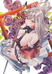 Rule 34 | 1girl, absurdres, armored boots, bare shoulders, boots, bow, breasts, cleavage, crow 3434, dress, flower, grey hair, hair ornament, hairclip, highres, knight, large breasts, long hair, looking at viewer, looking up, nijisanji, polearm, shizuka rin, shizuka rin (15th costume), solo, strapless, strapless dress, sword, virtual youtuber, weapon, yellow eyes