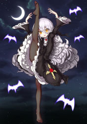 Rule 34 | 1girl, black dress, cloud, dress, dynamite tomokazu, feet, flower, flower on head, gothic lolita, hair ornament, highres, leg up, lolita fashion, long hair, moon, night, open mouth, original, pantyhose, red pupils, silver hair, sky, soles, solo, standing, standing on one leg, star (sky), starry sky, toes, very long hair, yellow eyes
