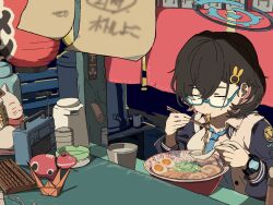 1girl ashtray black_hair blue-framed_eyewear blue_archive blue_halo blue_necktie bottle bowl chihiro_(blue_archive) chinese_spoon chopsticks closed_eyes coin collared_shirt commentary_request counter cuo cup daruma_doll dress_shirt eating egg_(food) food glasses gold hair_behind_ear hair_between_eyes hair_ornament halo hardboiled_egg highres holding holding_chopsticks jacket koban_(gold) lantern letterman_jacket maneki-neko medium_hair multicolored_clothes multicolored_jacket necktie noodles open_clothes open_jacket origami outdoors paper_crane paper_lantern pork pusen_(puuu_sen555) rabbit_hair_ornament radio radio_antenna ramen semi-rimless_eyewear shirt slurping solo spoon translation_request two-tone_jacket under-rim_eyewear watch water_cooler wristwatch