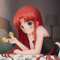 Rule 34 | 10s, 1girl, arm support, bare shoulders, bed, blanket, blush, earrings, flower, fractale, green eyes, hair down, hair flower, hair ornament, highres, jewelry, long hair, looking at viewer, necklace, nessa (fractale), nukunuku (hinataboltuko), on bed, pov across bed, red hair, smile, solo, under covers