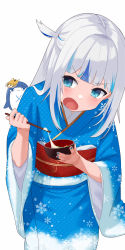 Rule 34 | 1girl, alternate costume, angry, bloop (gawr gura), blue eyes, blue hair, blunt bangs, child, female focus, fumyu, furisode, gawr gura, highres, hololive, hololive english, japanese clothes, kimono, long hair, long sleeves, looking at viewer, multicolored hair, new year, obi, open mouth, sash, silver hair, simple background, solo focus, streaked hair, two side up, virtual youtuber, wide sleeves, zouni soup