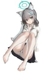 Rule 34 | 1girl, absurdres, animal ears, apopo, arm support, ass, bare legs, barefoot, black skirt, blue archive, blush, extra ears, grey hair, halo, head tilt, highres, knees up, looking at viewer, open collar, panties, pleated skirt, school uniform, shiroko (blue archive), shirt, simple background, sitting, skirt, underwear, white background, white panties, white shirt, wolf ears