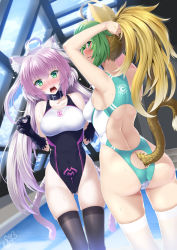 Rule 34 | 2girls, ahoge, animal ears, animal hands, armpits, artist name, ass, ass cutout, atalanta (fate), atalanta alter (fate), back cutout, bare shoulders, belt collar, black thighhighs, blonde hair, blush, breasts, bunching hair, butt crack, butter-t, cat ears, cat tail, claws, clothing cutout, collar, collarbone, commentary request, covered navel, dual persona, dutch angle, dyed bangs, fate/grand order, fate (series), gluteal fold, green eyes, green hair, long hair, looking at viewer, medium breasts, multicolored hair, multiple girls, multiple tails, one-piece swimsuit, open mouth, pink hair, pussy juice, rei no pool, signature, silver hair, skindentation, swimsuit, tail, thighhighs, two-tone hair, two tails, very long hair, white legwear