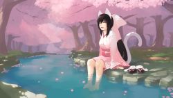 Rule 34 | 1girl, animal ears, black hair, bow, breasts, cat ears, cat tail, closed eyes, hair bow, highres, japanese clothes, kimono, long hair, noihara himari, omamori himari, open mouth, paintrfiend, partially submerged, ponytail, river, sandals, unworn sandals, shoes, unworn shoes, sitting, solo, tail