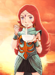 Rule 34 | 1girl, armlet, armor, bad id, bad pixiv id, circlet, commentary request, coupy pencil (medium), dress, eating, food, highres, la mere, lafolie, long hair, muu no hakugei, noodles, ocean, red hair, skirt, solo, sunset, udon, wavy hair