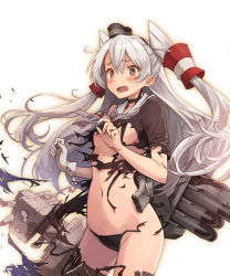 Rule 34 | 10s, 1girl, amatsukaze (kancolle), black panties, blush, breasts, brown dress, brown eyes, convenient censoring, cowboy shot, dress, embarrassed, exploding clothes, ezusuke, fang, gloves, hair between eyes, hair tubes, kantai collection, lifebuoy, long hair, navel, open mouth, panties, purple eyes, rensouhou-kun, sailor collar, sailor dress, short dress, silver hair, simple background, single glove, small breasts, solo, standing, surprised, sweatdrop, swim ring, tears, thighhighs, thighs, torn clothes, torn panties, torpedo, two side up, underwear, wavy mouth, white background, white gloves