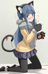 Rule 34 | 1girl, absurdres, aikawa ryou, animal ears, animal hands, black pantyhose, blue hair, blue skirt, blush, cat ears, cat paws, cat tail, commentary request, fake animal ears, from side, hair down, heart, highres, kneeling, long hair, open mouth, pantyhose, purple eyes, scarf, shima rin, skirt, solo, tail, winter clothes, yurucamp