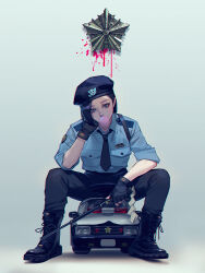 Rule 34 | 1girl, baton, baton (weapon), beret, black hair, blood, boots, blowing bubbles, chewing gum, expandable baton, fingerless gloves, gloves, hat, looking at viewer, necktie, original, police, police badge, police uniform, policewoman, short hair, sitting, sleeves rolled up, solo, tomono rui, toy car, uniform, weapon