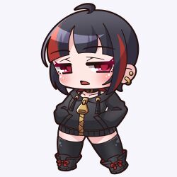 Rule 34 | 1girl, absurdres, ahoge, black collar, black footwear, black hair, black jacket, black thighhighs, blush, boots, chibi, collar, collarbone, commentary request, drawstring, ear piercing, full body, grey background, hands in pockets, highres, hood, hood down, hooded jacket, jacket, looking at viewer, multicolored hair, open mouth, original, piercing, purple hair, red eyes, saishosaisekojo, simple background, solo, standing, streaked hair, thighhighs, thighhighs under boots