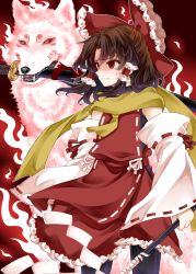 Rule 34 | 1girl, aura, black legwear, bow, brown hair, closed mouth, commentary request, detached sleeves, fangs, frilled bow, frilled hair tubes, frilled skirt, frills, gohei, hair bow, hair tubes, hakurei reimu, holding, holding stick, katana, long hair, looking to the side, mouth hold, nontraditional miko, red bow, red eyes, red skirt, red vest, ribbon-trimmed sleeves, ribbon trim, scabbard, scarf, serious, sheath, sidelocks, skirt, solo, standing, stick, sword, touhou, vest, weapon, white sleeves, wide sleeves, wily beast and weakest creature, wolf, wolf spirit (touhou), yellow scarf, zetsumame