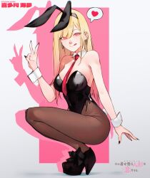 Rule 34 | 1girl, animal ears, blonde hair, cesar art456, collar, highleg, highres, kitagawa marin, leotard, long hair, looking at viewer, necktie, playboy bunny, rabbit ears, red eyes, red necktie, shadow, solo, sono bisque doll wa koi wo suru, speech bubble, tongue, tongue out, v, white collar, wrist cuffs