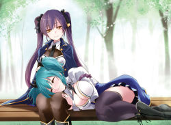 Rule 34 | 2girls, :3, aqua hair, arm under breasts, assault lily, bench, between breasts, black footwear, black necktie, black ribbon, black thighhighs, blue cloak, blue skirt, boots, breasts, brown thighhighs, cleavage, cleavage cutout, cloak, closed eyes, closed mouth, clothing cutout, collared shirt, commentary request, day, feet out of frame, frilled shirt, frills, hair between eyes, hair ribbon, hand on another&#039;s head, hand on another&#039;s thigh, hand up, hands up, head tilt, high-waist skirt, hishida haru, juliet sleeves, knee boots, lap pillow, large breasts, light particles, long hair, long sleeves, looking at another, looking down, lying, medium breasts, miniskirt, multiple girls, necktie, necktie between breasts, on bench, on side, outdoors, puffy sleeves, purple hair, ribbon, school uniform, shirt, short hair, short twintails, sitting, skirt, smile, suzuki chinami, thighhighs, tree, twintails, urutsu sahari, very long hair, white shirt, yellow eyes, yellow ribbon, yuri