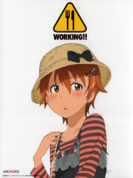Rule 34 | 1girl, absurdres, artist request, blush, bow, casual, cloche hat, female focus, flat chest, hair ornament, hairclip, hairpin, hat, highres, inami mahiru, matching hair/eyes, official art, open mouth, orange eyes, orange hair, scan, short hair, solo, striped, white background, working!!