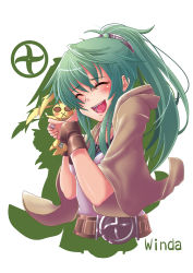 Rule 34 | 1girl, :x, akatsuki rabbit, character name, closed eyes, doll, duel monster, green hair, hair ornament, jewelry, kuroinu (blackdog), necklace, open mouth, ponytail, robe, simple background, smile, solo, white background, winda (yu-gi-oh!), winda priestess of gusto, wynnda miko of the gusta, yu-gi-oh!