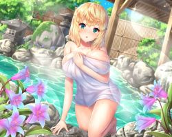 Rule 34 | 1girl, :o, aqua eyes, bare shoulders, blue sky, blurry, blush, bokeh, breasts, collarbone, day, depth of field, flower, large breasts, light particles, long hair, looking at viewer, moss, naked towel, official art, on one knee, onsen, original, outdoors, pensuke, plant, rock, sidelocks, skindentation, sky, solo, towel, tree, wading, wet