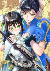 Rule 34 | 2girls, arm guards, artist name, bad id, bad pixiv id, black gloves, black hair, blue dress, bodysuit, bracelet, breasts, brown eyes, brown legwear, bun cover, capcom, cape, china dress, chinese clothes, chun-li, cloud print, commentary request, crossover, double bun, dress, earrings, eyeliner, fate/grand order, fate (series), fingerless gloves, gloves, gold trim, green eyes, hair bun, highres, holding, holding weapon, jewelry, lipstick, makeup, medium breasts, multiple girls, pantyhose, pink lips, polearm, puffy sleeves, qin liangyu (fate), short sleeves, sidelocks, simple background, skin tight, smile, spear, spiked bracelet, spikes, standing, street fighter, toggles, weapon, white bodysuit, white cape, yuckey