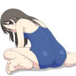Rule 34 | 1girl, ass, back, barefoot, black eyes, black hair, feet, long hair, looking at viewer, looking back, minakami mai, nichijou, no eyewear, one-piece swimsuit, shadow, simple background, sitting, soles, solo, swimsuit, toes, tomboo, wariza, wet, white background