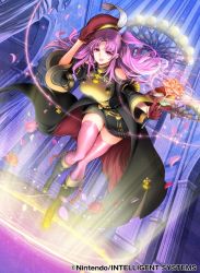 Rule 34 | 1girl, beret, boots, character request, feathers, fire emblem, fire emblem cipher, flower, garreg mach monastery uniform, gloves, hat, nintendo, official art, open mouth, petals, pink hair, pink thighhighs, side ponytail, solo, sparkle, teeth, thighhighs, toyo sao