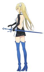 Rule 34 | 1girl, aiz wallenstein, back, backless dress, backless outfit, bare back, black dress, black gloves, blonde hair, blue footwear, blue high heels, blue thighhighs, blush, boots, breasts, butt crack, closed mouth, dress, dungeon ni deai wo motomeru no wa machigatteiru darou ka, duplicate, elbow gloves, female focus, fighting stance, from behind, full body, gloves, hairband, hayashi kewi, headgear, headpiece, high heel boots, high heels, highres, legs, long hair, looking at viewer, looking back, medium breasts, multicolored clothes, multicolored dress, pleated dress, ready to draw, short dress, sideboob, silver hairband, solo, standing, sword, sword oratoria, thigh boots, thighhighs, turtleneck, turtleneck dress, weapon, white dress, yellow eyes