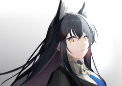 Rule 34 | 1girl, animal ear fluff, animal ears, arknights, bat wings, black hair, blue necktie, bright pupils, colored inner hair, from side, gradient background, grey background, highres, long hair, looking at viewer, looking to the side, multicolored hair, necktie, parted lips, red hair, solo, tenmu miyabi, texas (arknights), texas the omertosa (arknights), two-tone hair, upper body, white background, wings, wolf ears, yellow eyes