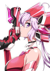 Rule 34 | 1girl, absurdres, ahoge, black gloves, breasts, from side, gloves, gun, hair between eyes, handgun, highres, holding, holding gun, holding weapon, jiguang zhi aoluola, large breasts, long hair, parted lips, pink hair, profile, senki zesshou symphogear, shiny skin, solo, two-tone gloves, upper body, weapon, white gloves, yukine chris