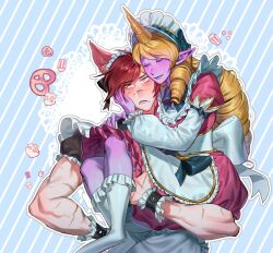 Rule 34 | 1boy, 1girl, alternate costume, apron, black bow, blush, bow, cafe cuties soraka, carrying, carrying person, closed eyes, colored skin, crossdressing, d:, detached sleeves, dress, drill hair, enmaided, food, frilled dress, frills, green bow, grey socks, hair bow, highres, horns, league of legends, maid, maid headdress, muscular, muscular male, myobi (f0r l0l), official alternate costume, open mouth, orange eyes, pink dress, pink skin, pointy ears, pretzel, puffy short sleeves, puffy sleeves, red hair, scar, scar on arm, sett (league of legends), sharp teeth, short hair, short sleeves, single horn, smile, socks, soraka (league of legends), striped, striped background, teeth, waist apron, white apron, white sleeves, wrist cuffs