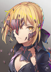 Rule 34 | 1girl, artoria pendragon (all), artoria pendragon (fate), blonde hair, breaking, breasts, cleavage, closed mouth, collarbone, fate/stay night, fate (series), gradient background, grey background, hair between eyes, highres, looking at viewer, medium breasts, saber alter, short hair, solo, upper body, yangsan (2991076090), yellow eyes