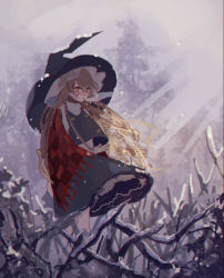 Rule 34 | 1girl, absurdres, black hat, black skirt, black vest, blonde hair, blush, branch, checkered clothes, checkered scarf, expressionless, feet out of frame, hair between eyes, hat, highres, kirisame marisa, long hair, nose blush, overcast, parted lips, red scarf, scarf, shi chimi, shirt, skirt, sky, snow, solo, standing, touhou, tree, very long hair, vest, white shirt, witch hat, yellow eyes
