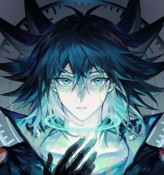 Rule 34 | 1boy, black shirt, brown gloves, collarbone, collared jacket, fudo yusei, gloves, glowing, hair between eyes, highres, jacket, looking at viewer, male focus, multicolored hair, noren (noren1512), portrait, red jacket, shirt, short hair, sidelocks, solo, straight-on, synchro ring, two-tone hair, upper body, yu-gi-oh!, yu-gi-oh! 5d&#039;s