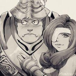 Rule 34 | 1girl, adelbert steiner, armor, beatrix (ff9), blush, curly hair, eyelashes, eyepatch, final fantasy, final fantasy ix, frown, greyscale, hand on another&#039;s chest, helmet, looking at viewer, looking to the side, monochrome, rousteinire, smile, solo, upper body