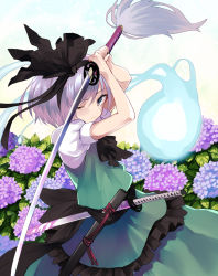 Rule 34 | 1girl, arms up, ascot, black ascot, black bow, black hairband, bow, brown eyes, closed mouth, commentary request, fingernails, flower, green skirt, green vest, hair between eyes, hair bow, hairband, highres, holding, holding sword, holding weapon, hydrangea, katana, konpaku youmu, konpaku youmu (ghost), looking at viewer, nuqura, one eye closed, puffy short sleeves, puffy sleeves, purple flower, sheath, shirt, short hair, short sleeves, silver hair, skirt, sword, touhou, unsheathed, vest, weapon, white shirt