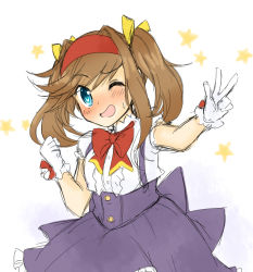 Rule 34 | 1girl, ;o, alternate costume, alternate hairstyle, blouse, blue eyes, bow, brown hair, cowboy shot, gloves, hair bow, hairband, hekikuu (kanaderuyume), long hair, one eye closed, purple skirt, red bow, red hairband, shirt, skirt, solo, star (symbol), twintails, v, virginia maxwell, white background, white gloves, white shirt, wild arms, wild arms 3, yellow bow