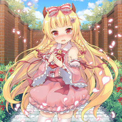 Rule 34 | 1girl, bare shoulders, bell, blonde hair, blue sky, blush, bow, box, braid, chocolate, cloud, commentary request, day, detached sleeves, dress, flower, gift, gift box, hair bow, heart-shaped box, horns, incoming gift, kidatsu! dungeons lord, kyoma (yellowxcake), long hair, looking at viewer, open mouth, original, petals, pink dress, red eyes, sky, solo, tears, thighhighs, twin braids, valentine, very long hair, white thighhighs, wide sleeves, zettai ryouiki