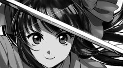 Rule 34 | 1girl, asada hachi, black hair, bow, closed mouth, commentary request, glint, greyscale, hair bow, holding, holding sword, holding weapon, long hair, looking at viewer, monochrome, portrait, sakura taisen, shinguuji sakura, smile, solo, sword, twitter username, watermark, weapon