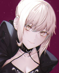 Rule 34 | 1girl, artoria pendragon (all), artoria pendragon (fate), bad id, bad pixiv id, black choker, breasts, choker, cleavage, closed mouth, collarbone, fate/stay night, fate (series), fov ps, hair between eyes, highres, looking at viewer, portrait, red background, saber alter, short hair, silver hair, smile, solo, yellow eyes