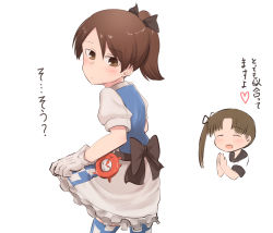 Rule 34 | 2girls, abyssal ship, apron, ayanami (kancolle), black sailor collar, brown hair, checkered apron, checkered clothes, closed eyes, commentary request, compass, cosplay, cowboy shot, embarrassed, enemy lifebuoy (kancolle), gloves, highres, kantai collection, long hair, michishio (kancolle), michishio (kancolle) (cosplay), multiple girls, ponytail, remodel (kantai collection), sailor collar, school uniform, serafuku, shikinami (kancolle), short hair, short ponytail, side ponytail, simple background, solo focus, tiger (tiger-kimu), translation request, two-tone dress, white background, white gloves