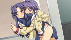 Rule 34 | 00s, 2girls, blush, breasts, clannad, clothes lift, female focus, fujibayashi kyou, hair bobbles, hair ornament, ichinose kotomi, long hair, multiple girls, one eye closed, open mouth, panties, purple eyes, purple hair, saliva, sanshita, skirt, skirt lift, tears, teasing, two side up, underwear, wink, yuri